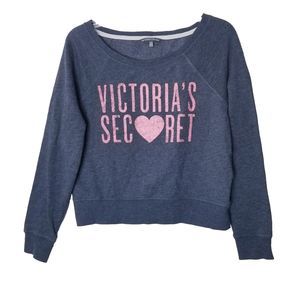 Victoria Secret Sweater Women Size XS Gray Pink Cropped Glitter Graphic